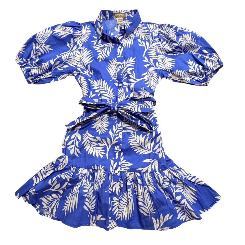 Flying Tomato Blue White Tropical Palm Puff Sleeve Cotton Mini Shirtdress‎ Small